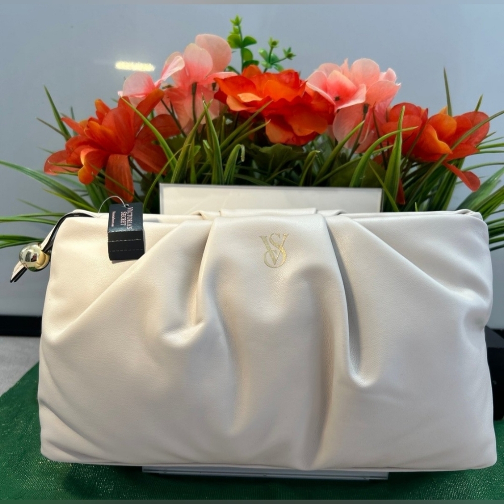 Victoria's Secret Ivory Gathered Clutch with Gold Logo